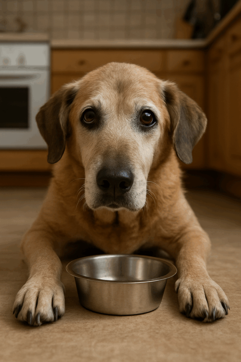 Alter Hund mit Futternapf