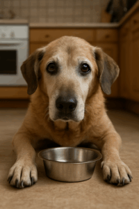 Alter Hund mit Futternapf